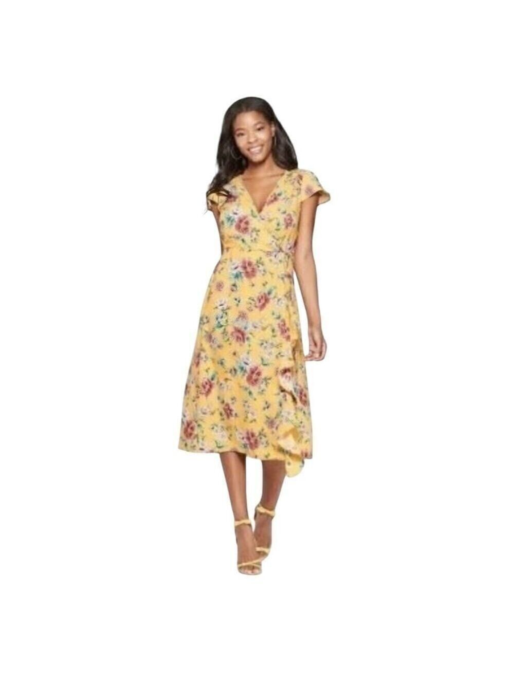 Xhilaration Floral V-Neck Midi Faux Wrap Dress Multicolor Yellow Size Medium